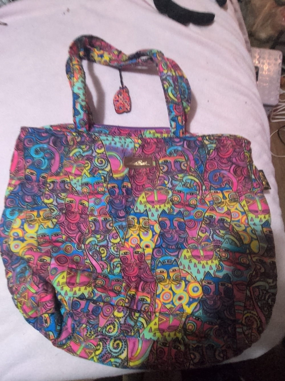 Laurel Burch Multicolor Neon Cat Pattern Tote - Pink, Yellow, Blue, Green